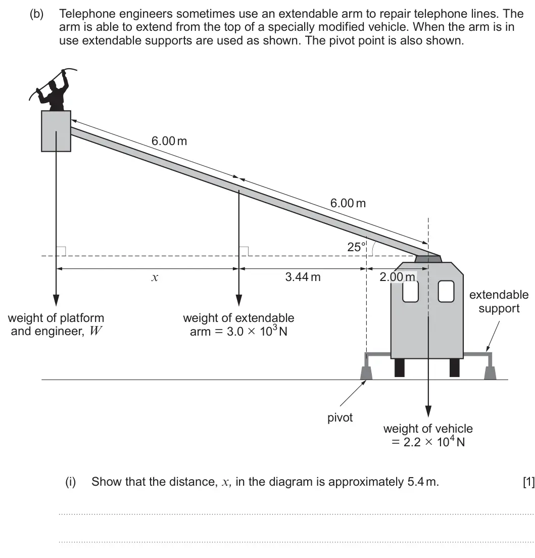 Summer 2024 AS Unit 1, question 2(b)(i): Show that the distance, x, in the diagram is approximately 5.4 m. [1]