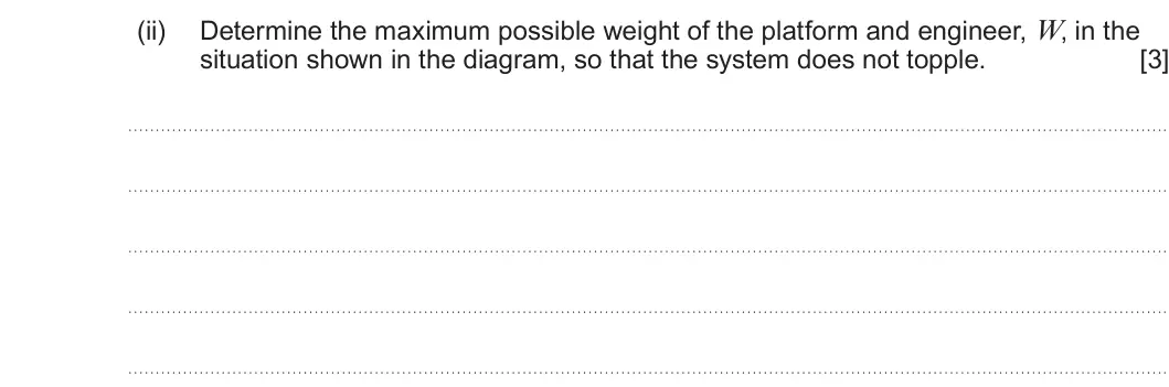 Summer 2024 AS Unit 1, question 2(b)(ii): Determine the maximum possible weight of the platform and engineer, W, in the situation shown in the diagram, so that the system does not topple. [3]
