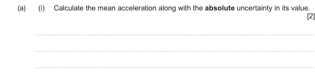 Summer 2024 AS Unit 1, question 3(a)(i): Calculate the mean acceleration along with the absolute uncertainty in its value. [2]
