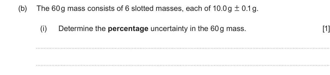 Summer 2024 AS Unit 1, question 3(b)(i): Determine the percentage uncertainty in the 60 g mass. [1]