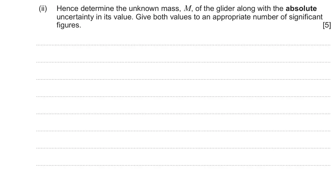 Summer 2024 AS Unit 1, question 3(b)(ii): Hence determine the unknown mass, M, of the glider along with the absolute uncertainty in its value. Give both values to an appropriate number of significant fi
