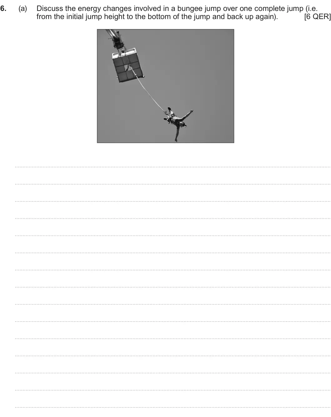 Summer 2024 AS Unit 1, question 6(a): Discuss the energy changes involved in a bungee jump over one complete jump (i.e. from the initial jump height to the bottom of the jump and back up again). [6
