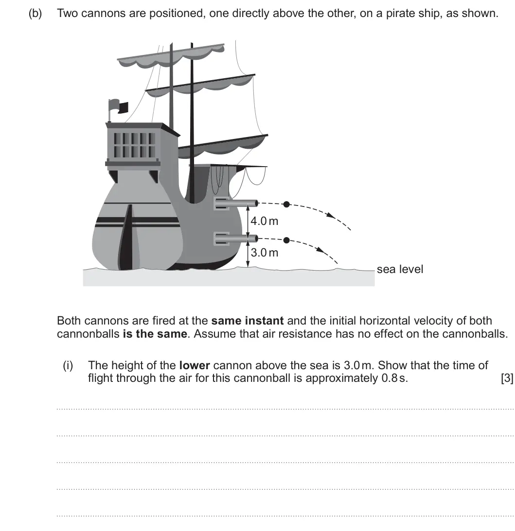 Summer 2025 AS Unit 1, question 3(b)(i): The height of the lower cannon above the sea is 3.0 m. Show that the time of flight through the air for this cannonball is approximately 0.8 s. [3]