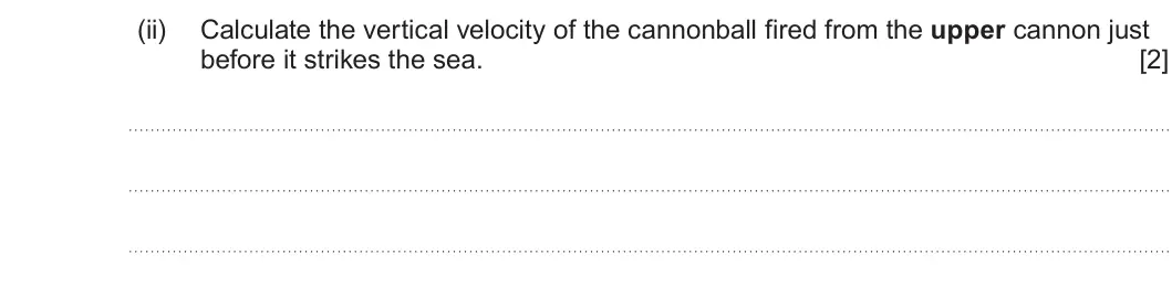 Summer 2025 AS Unit 1, question 3(b)(ii): Calculate the vertical velocity of the cannonball fired from the upper cannon just before it strikes the sea. [2]