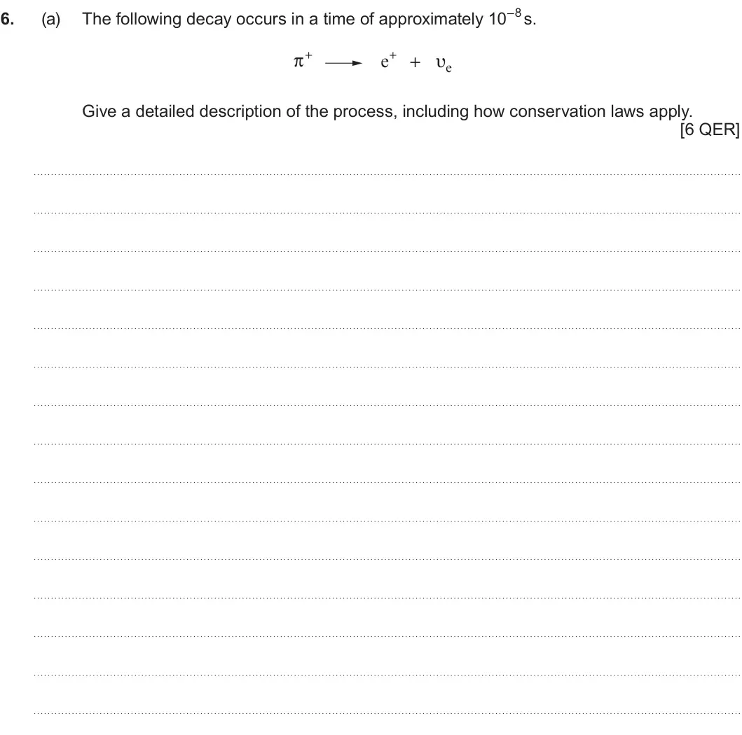Summer 2025 AS Unit 1, question 6(a): + e+ υe π + Give a detailed description of the process, including how conservation laws apply. [6 QER]