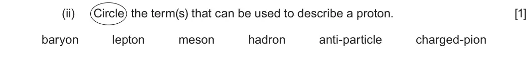 Summer 2025 AS Unit 1, question 6(b)(ii): Circle the term(s) that can be used to describe a proton. [1] baryon lepton meson hadron anti-particle charged-pion