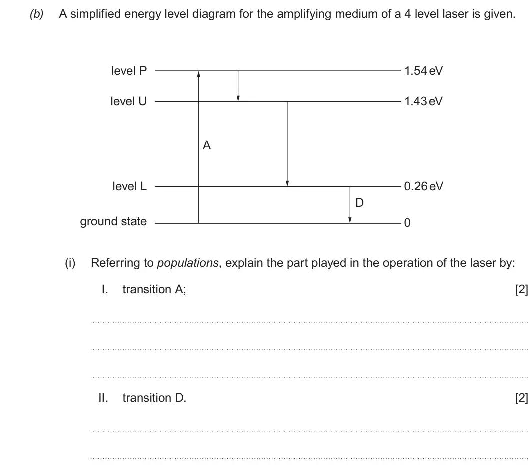 Summer 2019 AS Unit 2, question 6(b)(i): Referring to populations, explain the part played in the operation of the laser by: I. transition A; [2] II. transition D. [2]