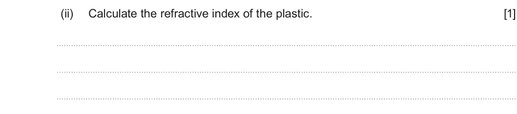 Summer 2019 AS Unit 2, question 7(a)(ii): Calculate the refractive index of the plastic. [1]