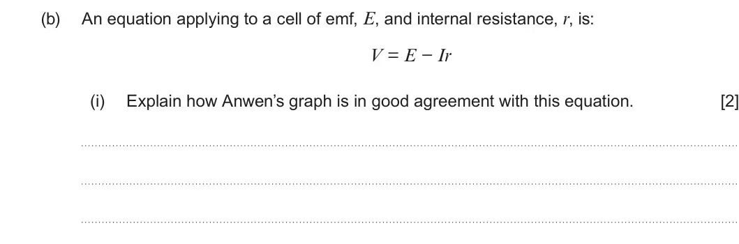 Summer 2022 AS Unit 2, question 1(b)(i): Explain how Anwen’s graph is in good agreement with this equation. [2]