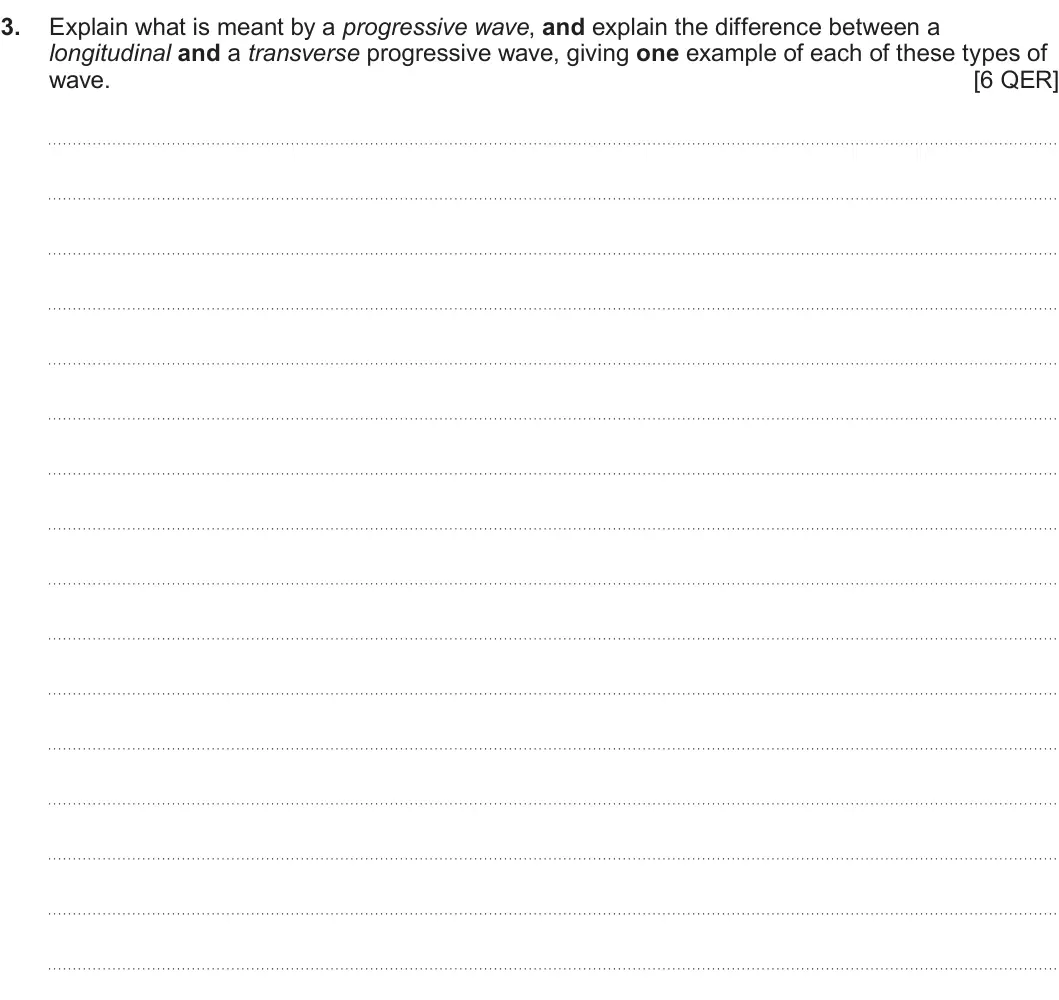 Summer 2022 AS Unit 2, question 3: Explain what is meant by a progressive wave, and explain the difference between a longitudinal and a transverse progressive wave, giving one example of each of 