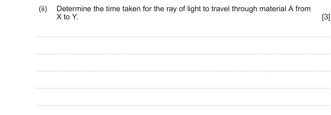 Summer 2023 AS Unit 2, question 5(b)(ii): Determine the time taken for the ray of light to travel through material A from X to Y. [3]