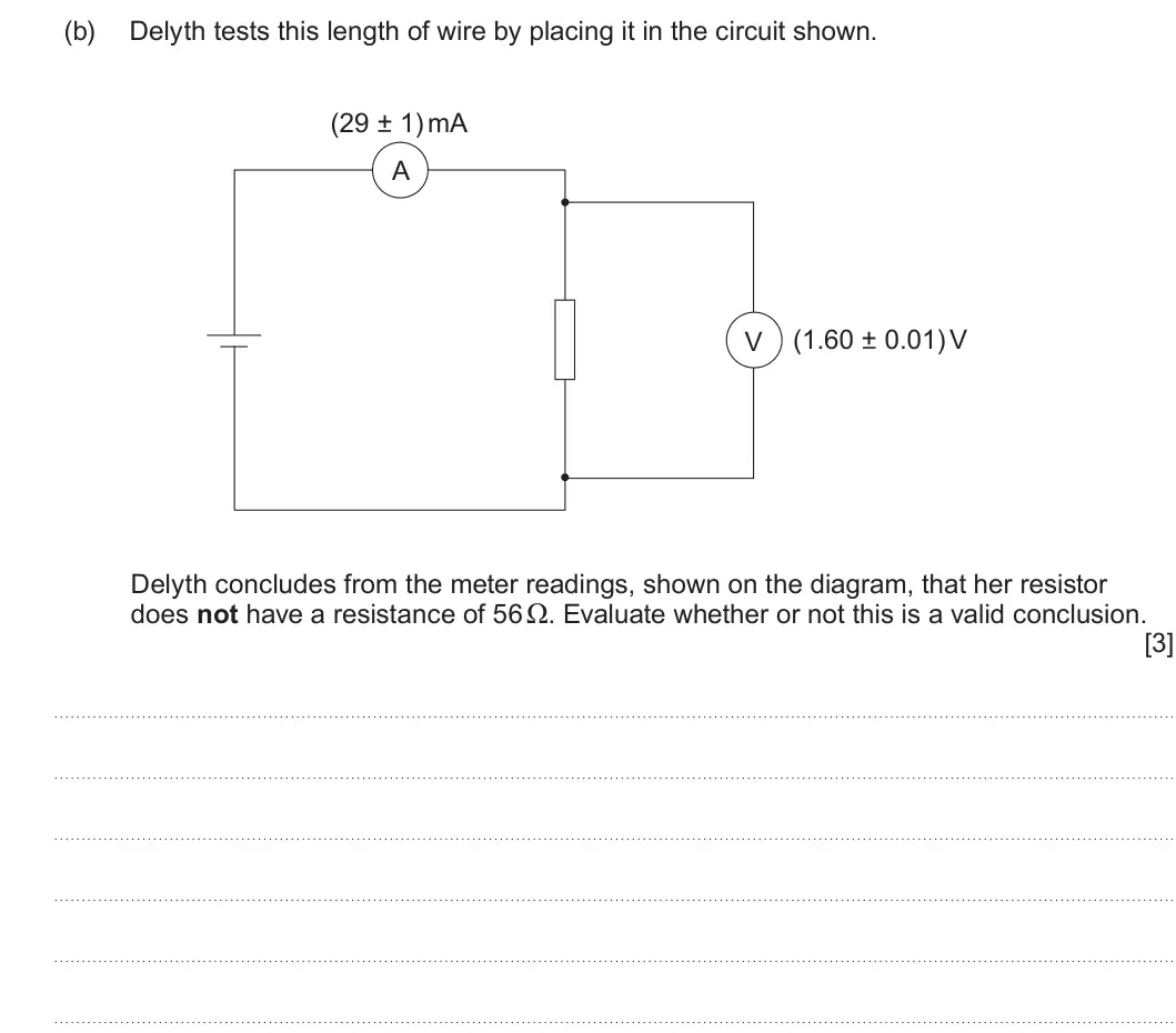 Summer 2024 AS Unit 2, question 1(b): Delyth tests this length of wire by placing it in the circuit shown. (29 + 1) mA A (1.60 + 0.01) V V Delyth concludes from the meter readings, shown on the diag