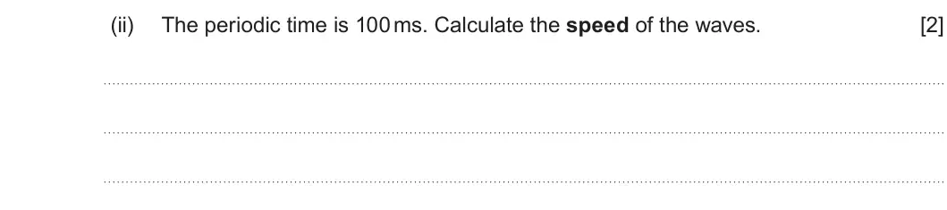 Summer 2024 AS Unit 2, question 4(a)(ii): The periodic time is 100 ms. Calculate the speed of the waves. [2]