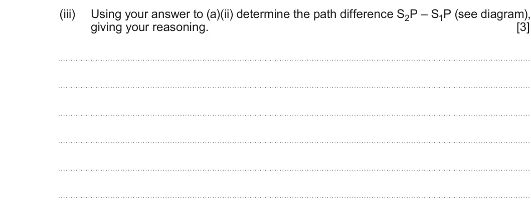 Summer 2024 AS Unit 2, question 5(a)(iii): Using your answer to (a)(ii) determine the path difference S2P – S1P (see diagram), giving your reasoning. [3]
