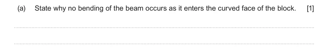 Summer 2024 AS Unit 2, question 7(a): State why no bending of the beam occurs as it enters the curved face of the block. [1]
