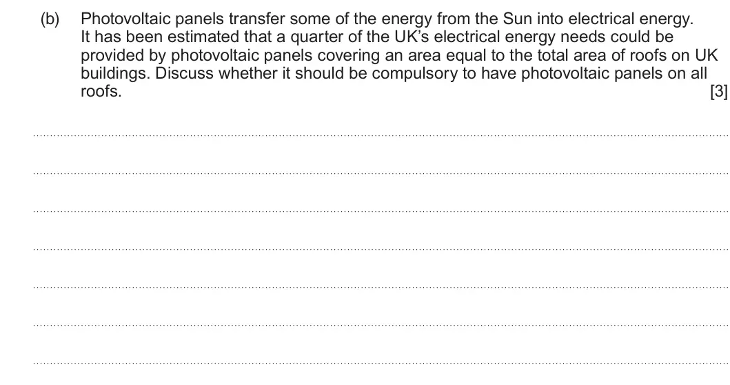 Summer 2024 AS Unit 2, question 8(b): Photovoltaic panels transfer some of the energy from the Sun into electrical energy. It has been estimated that a quarter of the UK’s electrical energy needs co