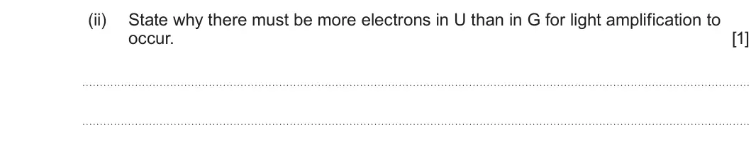 Summer 2024 AS Unit 2, question 9(a)(ii): State why there must be more electrons in U than in G for light amplification to occur. [1]