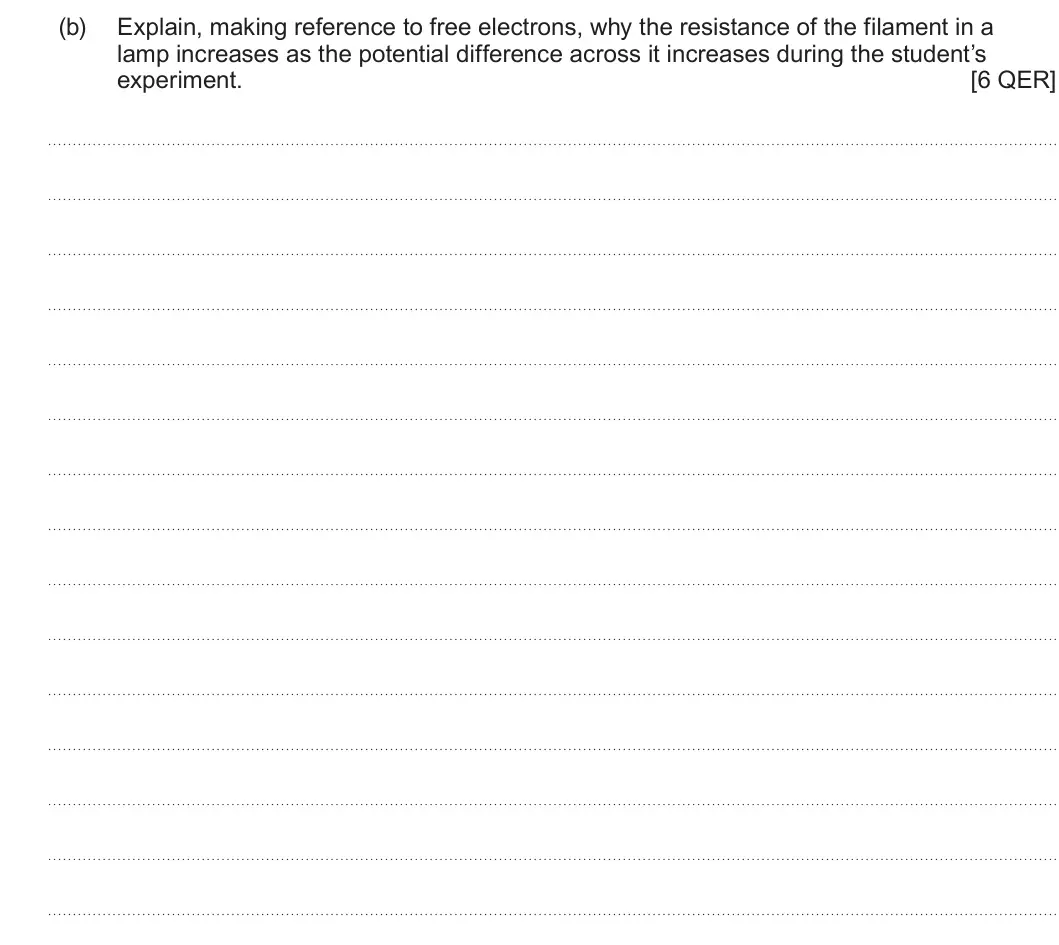 Summer 2025 AS Unit 2, question 2(b): Explain, making reference to free electrons, why the resistance of the filament in a lamp increases as the potential difference across it increases during the s