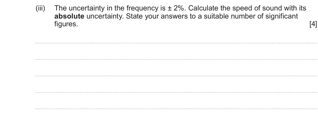 Summer 2025 AS Unit 2, question 4(b)(iii): The uncertainty in the frequency is ± 2%. Calculate the speed of sound with its absolute uncertainty. State your answers to a suitable number of significant fig