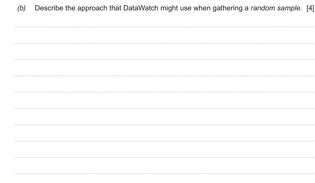 Summer 2016 AS Unit 1, question 5(b): Describe the approach that DataWatch might use when gathering a random sample. [4]