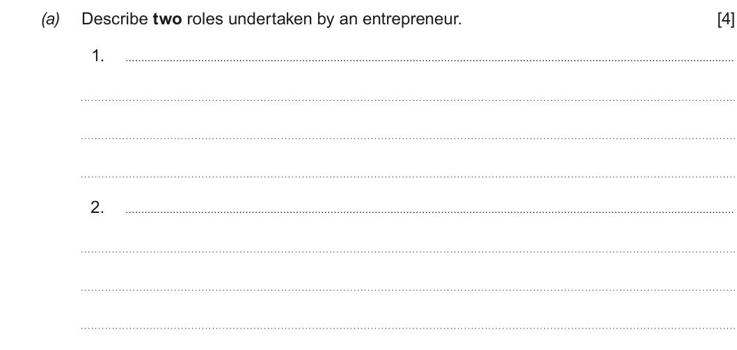 Summer 2017 AS Unit 1, question 1(a): Describe two roles undertaken by an entrepreneur. [4] 1 2.