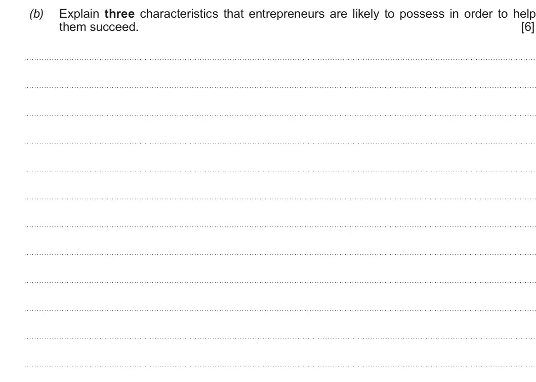 Summer 2017 AS Unit 1, question 1(b): Explain three characteristics that entrepreneurs are likely to possess in order to help them succeed. [6]