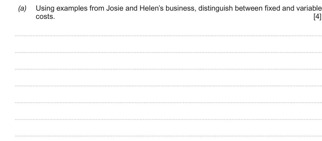 Summer 2017 AS Unit 1, question 4(a): Using examples from Josie and Helen’s business, distinguish between fixed and variable costs. [4]