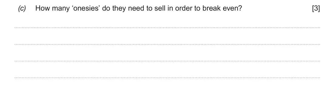 Summer 2017 AS Unit 1, question 4(c): How many ‘onesies’ do they need to sell in order to break even? [3]