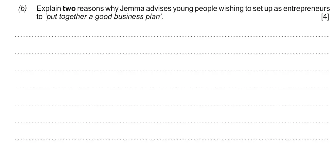 Summer 2018 AS Unit 1, question 1(b): Explain two reasons why Jemma advises young people wishing to set up as entrepreneurs to ‘put together a good business plan’. [4]