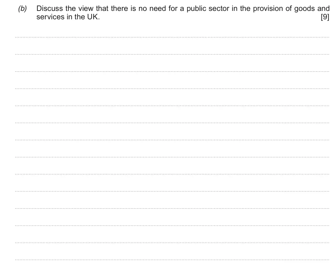 Summer 2018 AS Unit 1, question 2(b): Discuss the view that there is no need for a public sector in the provision of goods and services in the UK. [9]