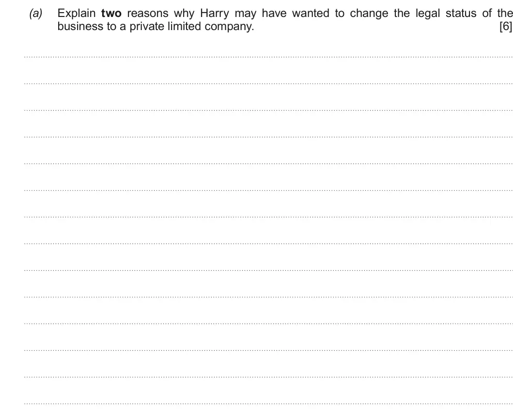Summer 2018 AS Unit 1, question 3(a): Explain two reasons why Harry may have wanted to change the legal status of the business to a private limited comp