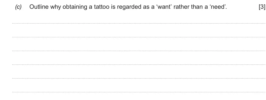 Summer 2019 AS Unit 1, question 1(c): Outline why obtaining a tattoo is regarded as a ‘want’ rather than a ‘need’. [3]