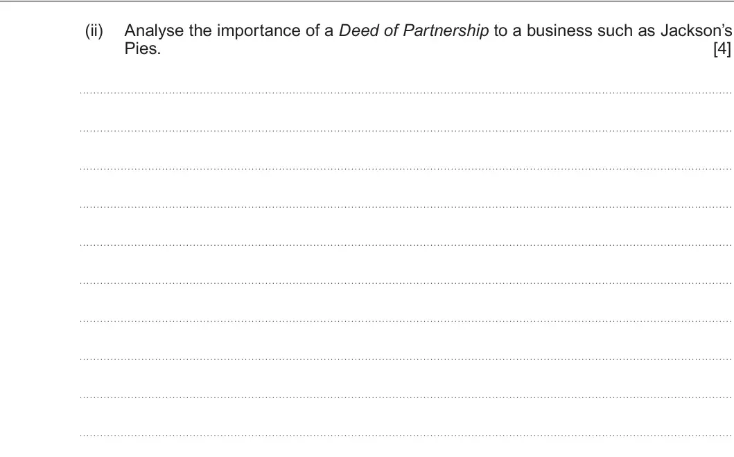 Summer 2019 AS Unit 1, question 2(c)(ii): Analyse the importance of a Deed of Partnership to a business such as Jackson’s Pies. [4]