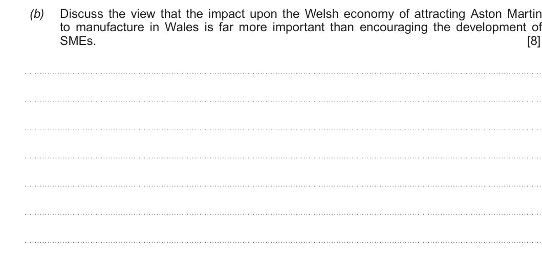 Summer 2019 AS Unit 1, question 3(b): Discuss the view that the impact upon the Welsh economy of attracting Aston Martin to manufacture