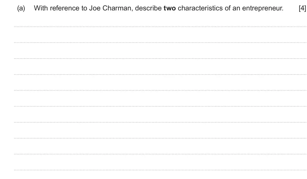 Summer 2022 AS Unit 1, question 1(a): With reference to Joe Charman, describe two characteristics of an entrepreneur. [4]