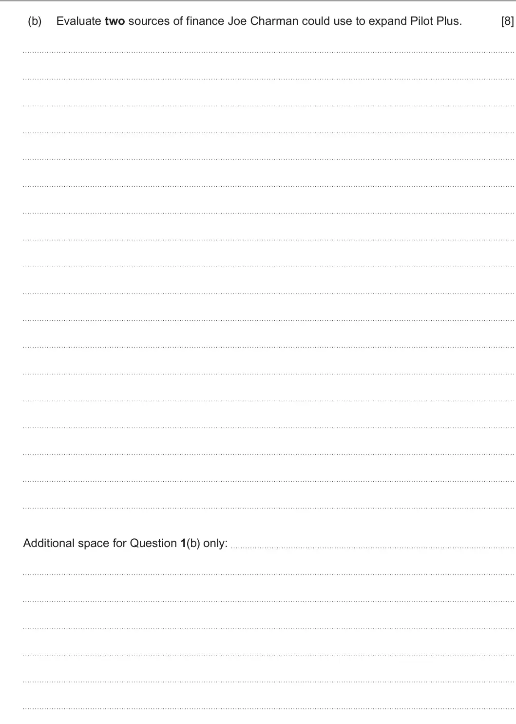 Summer 2022 AS Unit 1, question 1(b): Evaluate two sources of finance Joe Charman could use to expand Pilot Plus. [8] Additional space for Question 1(b) only: