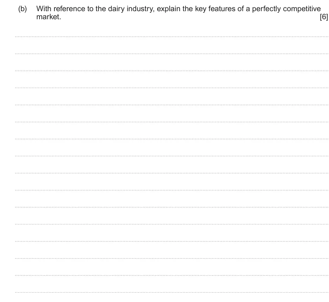 Summer 2022 AS Unit 1, question 2(b): With reference to the dairy industry, explain the key features of a perfectly competitive market. [6]