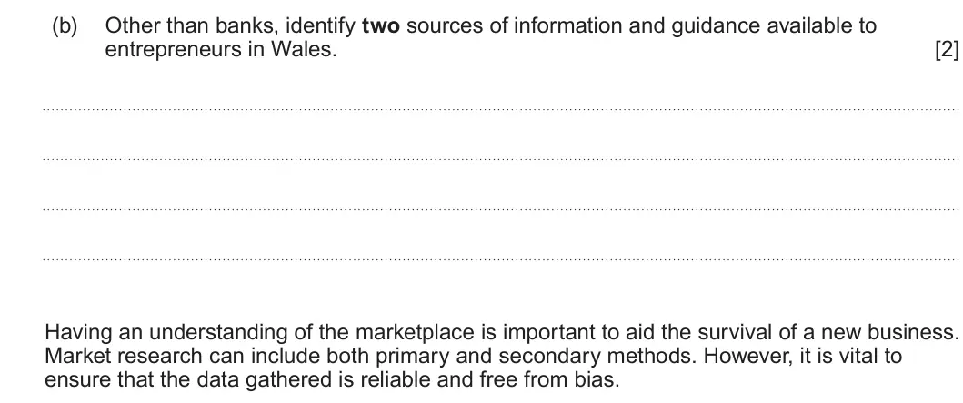 Summer 2022 AS Unit 1, question 4(b): Other than banks, identify two sources of information and guidance available to entrepreneurs in Wales. [2] Having an understanding of the marketplace is import