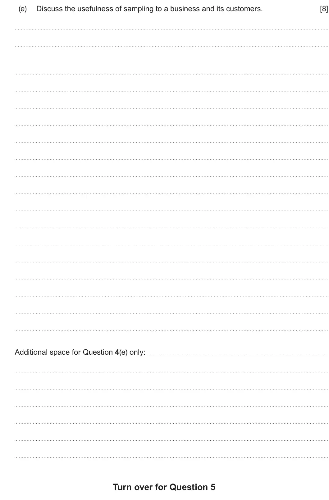 Summer 2022 AS Unit 1, question 4(e): Discuss the usefulness of sampling to a business and its customers. [8] Additional space for Question 4(e) only: for Question 5