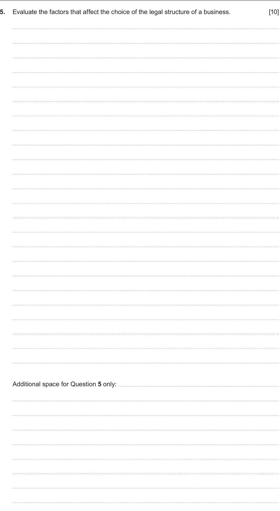 Summer 2022 AS Unit 1, question 5: Evaluate the factors that affect the choice of the legal structure of a business. [10] Additional space for Question 5 only: