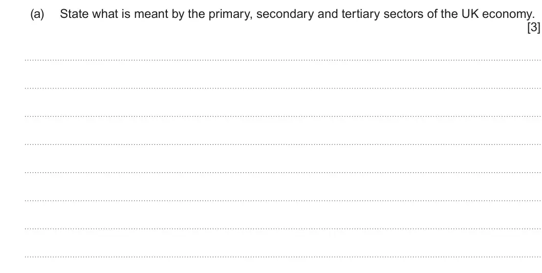 Summer 2023 AS Unit 1, question 1(a): State what is meant by the primary, secondary and tertiary sectors of the UK economy. [3]