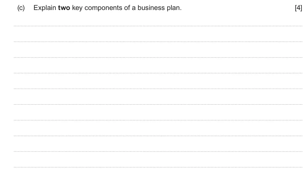 Summer 2024 AS Unit 1, question 1(c): Explain two key components of a business plan. [4]