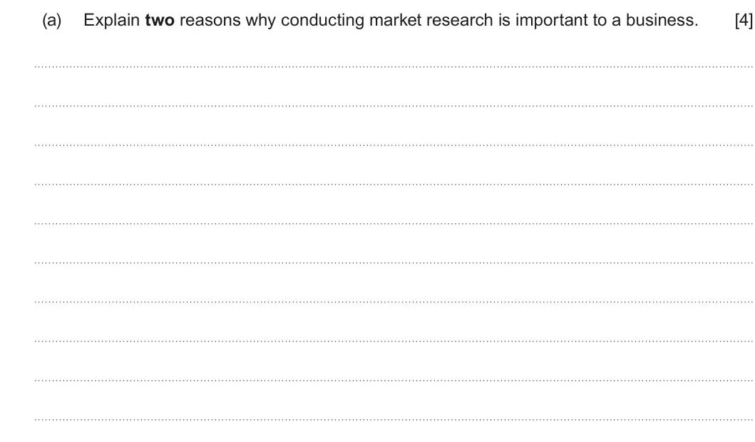 Summer 2024 AS Unit 1, question 5(a): Explain two reasons why conducting market research is important to a business. [4]