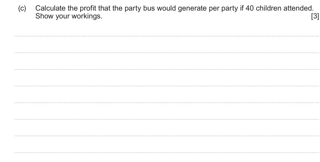 Summer 2024 AS Unit 1, question 5(c): Calculate the profit that the party bus would generate per party if 40 children attended. Show your workings. [3]