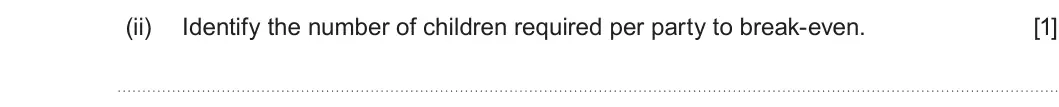 Summer 2024 AS Unit 1, question 5(d)(ii): Identify the number of children required per party to break-even. [1]