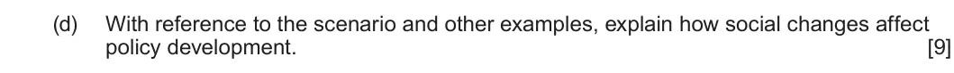 January 2022 Unit 2, question 2(d): With reference to the scenario and other examples, explain how social changes affect policy development. [9]