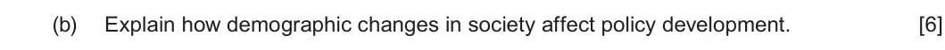 Summer 2025 Unit 2, question 2(b): Explain how demographic changes in society affect policy development. [6]