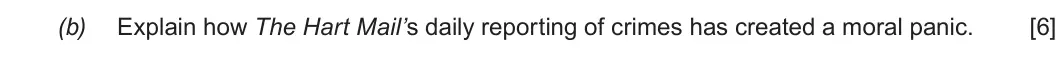 Autumn 2020 Unit 2, question 1(b): Explain how The Hart Mail’s daily reporting of crimes has created a moral panic. [6]