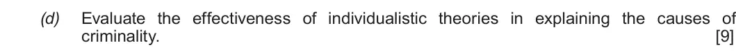 Autumn 2020 Unit 2, question 2(d): Evaluate the effectiveness of individualistic theories in explaining the causes of criminality. [9]