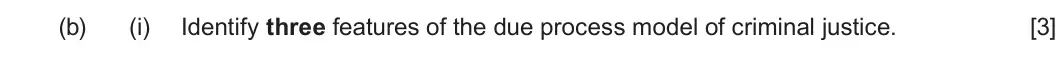 Summer 2022 Unit 4, question 2(b)(i): Identify three features of the due process model of criminal justice. [3]
